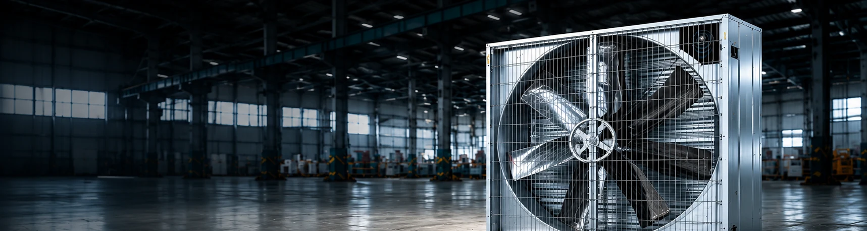 Illustrative square exhaust fan in an industrial warehouse